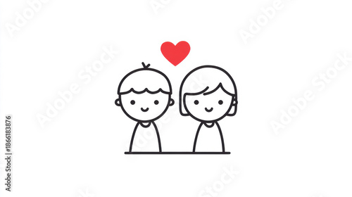 Cute doodle-style illustration of two smiling characters with a heart, symbolizing love and friendship.