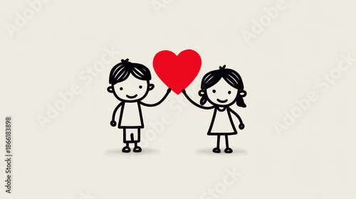 Cute illustration of two kids holding hands with a heart, symbolizing friendship and love.