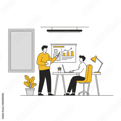 Business presentation showcasing analytical data and collaborative teamwork in contemporary office