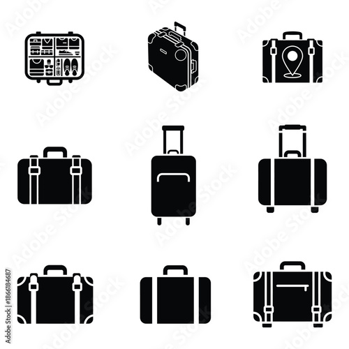 Suitcase set with packing organization and travel location icons
