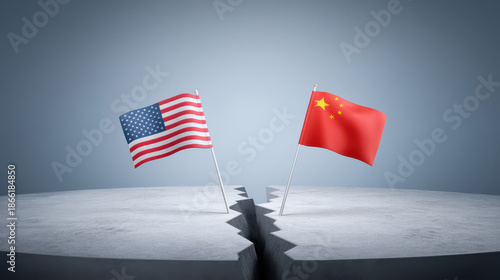 Flags of the USA and China symbolize international tensions and relations amidst a cracked surface.