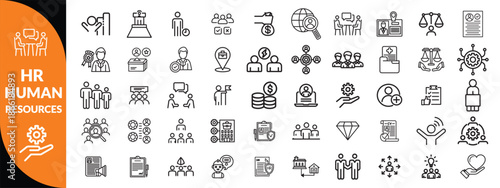 Set of 50 outline icons related to HR, Human Resources, Recruitment, Employment, business, office, company, management. Linear icon collection. Editable stroke. Vector illustration Human  icon set .