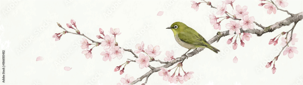 Fototapeta premium Watercolor Birds on Cherry Blossom Branches in Spring Panoramic Illustration