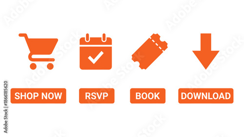 Set of Orange Call-to-Action Icons for Online Shopping and Booking