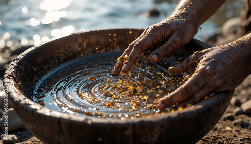 Hands of an individual skillfully sifting through a wooden bowl filled with shimmering gold particles, showcasing the intricate process of gold panning by the water's edge