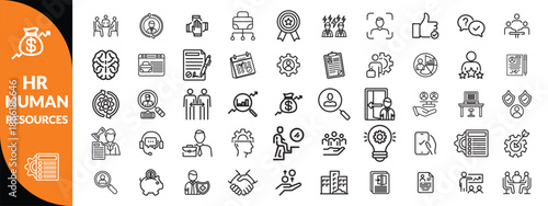 Set of 50 outline icons related to HR, Human Resources, Recruitment, Employment, business, office, company, management. Linear icon collection. Editable stroke. Vector illustration Human  icon set .