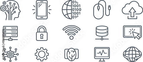 Set of 15 black line icons for technology and digital communication including AI, cloud, security, and global connectivity