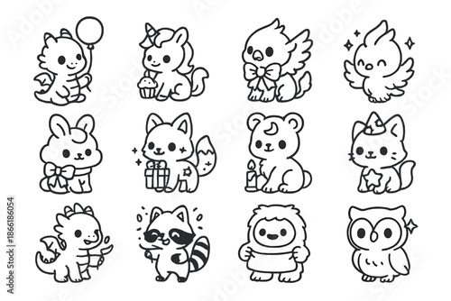 Fantasy Birthday Animals. Cute cartoon fantasy birthday animals. Line outline icon set of Cute cartoon fantasy