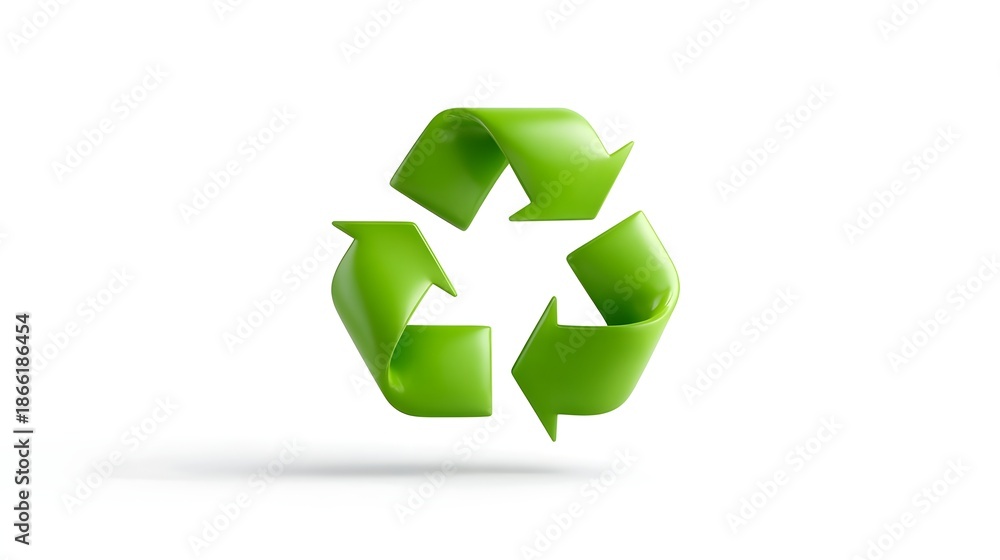 Obraz premium Vibrant 3D rendered green recycling symbol on a clean white background representing ecological conservation resource reuse and a commitment to sustainability