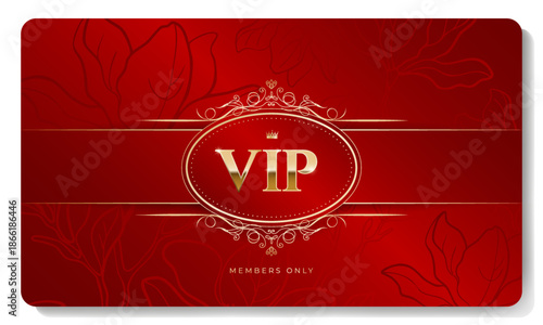 Red and gold luxury premium VIP card with crown, floral pattern for club members only, casino, invitation. Vector illustration