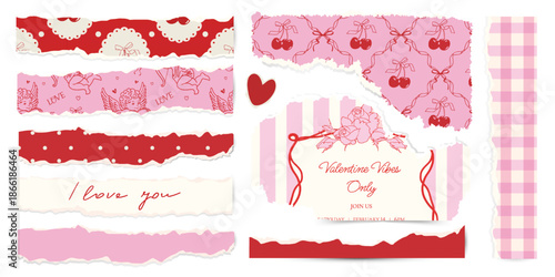 Vintage Valentine’s Day torn paper scrapbook set. Retro romantic paper decor, wrapping paper scraps, postcards. Vector design elements for collage, cards and branding