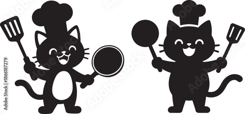 Two adorable cartoon cats dressed as chefs holding cooking utensils in a playful design