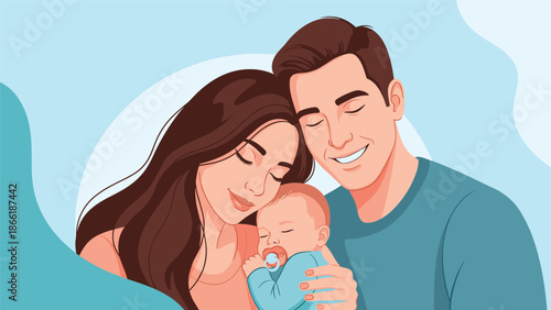 Loving young family with a mother and father tenderly holding their sleeping newborn baby, showing peace and happiness.