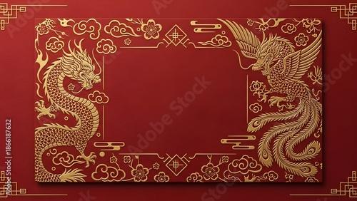 Golden dragon and phoenix design on red background frame decorative pattern