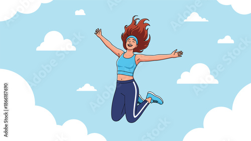 Joyful young athletic woman with arms outstretched, jumping high in the blue sky among clouds, expressing pure happiness and freedom.