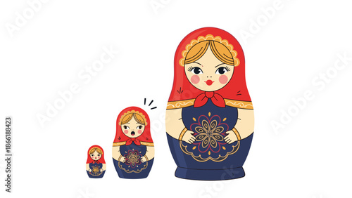 Colorful set of three traditional Russian nesting dolls, or Matryoshka, of decreasing size with one showing a surprised expression.