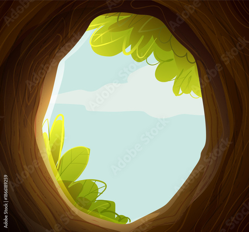 A view from inside a hollow tree into a bright woodland, opening with green leaves. A brightly lit forest background, empty wood frame with copyspace. Vector cartoon illustration for childhood story.