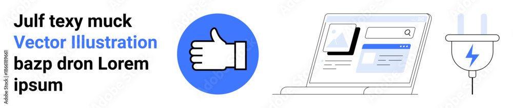 Obraz premium Digital marketing, technology, online feedback, energy efficiency, web development, content design. Thumbs up symbol, laptop screen electric plug. Digital marketing and technology concept