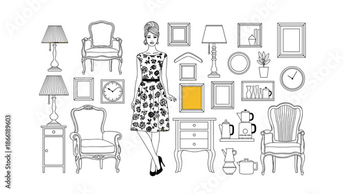 Fashionable woman in a floral dress standing among a collection of elegant, hand-drawn vintage and antique furniture outlines.