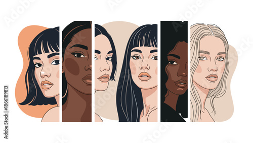 Powerful illustration celebrating female diversity and unity with a collage of women from different ethnicities and races.