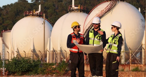 Petroleum engineers having a discussion near oil storage tanks
