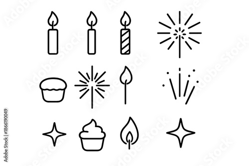 Candle and Sparkler Icons. Birthday candle and sparkler set. Line outline icon set of Birthday candle and