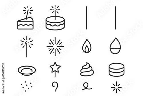 Birthday Sparkler Icons. Birthday sparkler in cake. Line outline icon set of Birthday sparkler in cake: cake