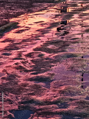 Abstract background created from the vibrant pink and black reflection of a sunrise in the ice that is frozen on the ground in the winter time.