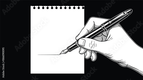 Vintage black and white engraving style illustration of a hand holding a classic fountain pen, writing on a blank notepad.