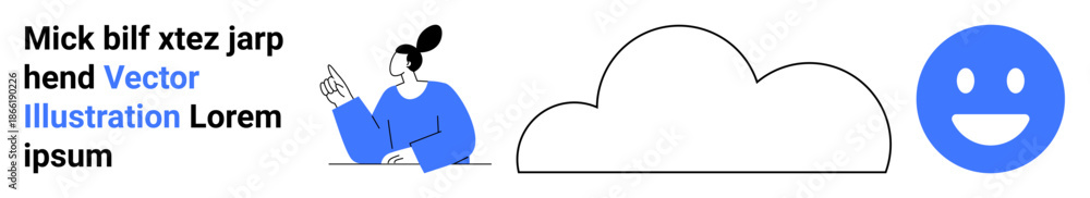 Fototapeta premium Online communication, data sharing, cloud computing, user interaction, digital expression, technology visualization. Person pointing, cloud shape happy face icon. Online communication and data