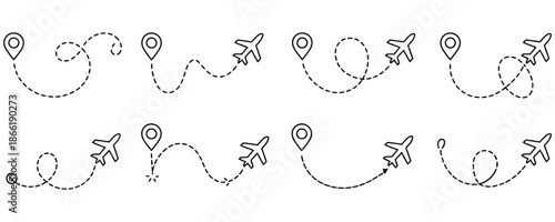 Airplane travel route icons with dotted lines and location pins