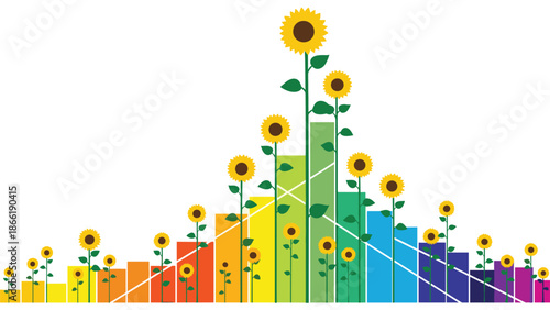 Creative concept of growth and success depicted by sunflowers growing on a colorful rainbow bar chart on a white background.