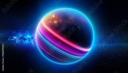 Wallpaper Mural a glowing sphere representing a planet with vibrant neon colors against a dark space background Torontodigital.ca