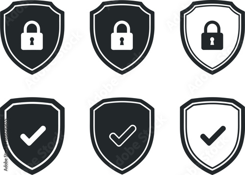 Security shield icon set with padlock and checkmark protection symbols