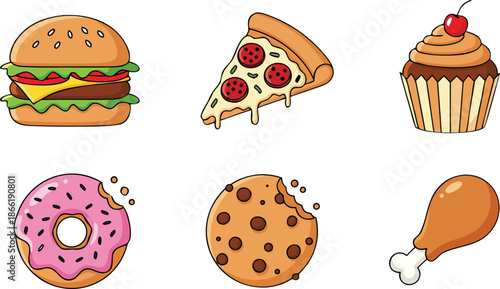 a cheeseburger, pepperoni pizza slice, cupcake with cherry, pink glazed donut, chocolate chip cookie, and fried chicken drumstick