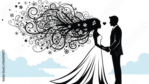 Romantic black and white silhouette of a bride and groom holding hands, with the bride's hair flowing in floral swirls.