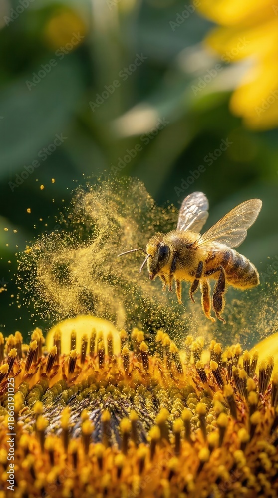 Fototapeta premium Macro image of a bee covered in yellow pollen flying over sunflower blossom. Concept of pollination, biodiversity, spring nature and ecology. Golden hour lighting.