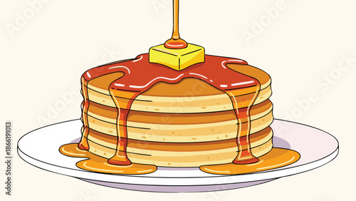 Stack of Pancakes with Butter and Pouring Maple Syrup Illustration
