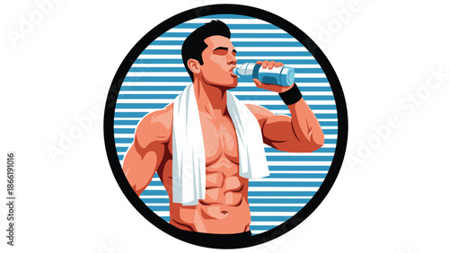 Circular icon of a muscular, shirtless man with a towel around his neck, drinking water from a bottle after a workout.