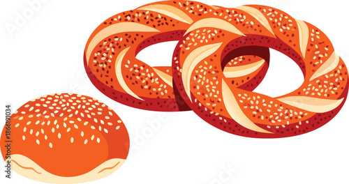 Turkish Simit Sesame Bread Rings and Bun Illustration