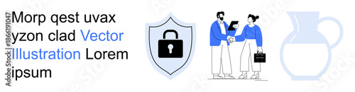Cybersecurity, business communication, data protection, collaboration, online safety, teamwork. Lock icon inside a shield, two professionals shaking hands abstract vase graphic. Cybersecurity