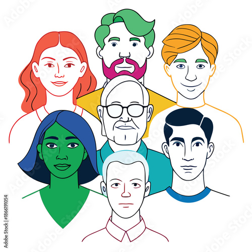 Diverse group of people avatar portraits in modern flat illustration