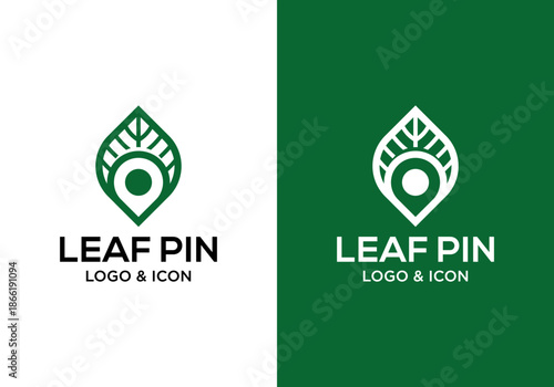 simple leaf logo icon design vector with location pin clean and modern style