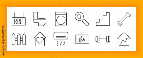 Real estate and home feature icon set. Rent signs, washing machines, toilets, gym tools, fireplaces, fences, magnifiers, stairs, and wrench tools drawn to show housing amenities.