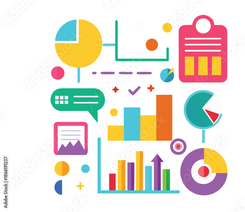Business analytics and data visualization elements with charts and graphs