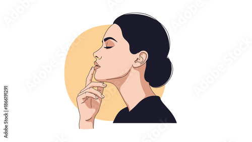 Profile portrait of a beautiful, thoughtful woman with her finger gently touching her lips, set against a soft yellow circle.