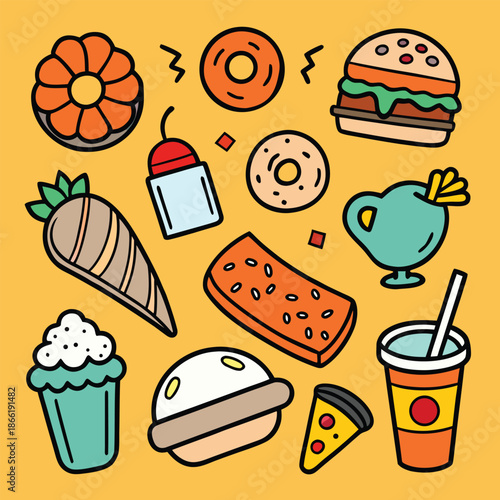 Cute street food and snack icons set with drinks and dessert items
