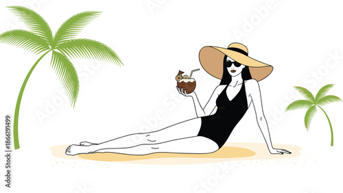 Line art illustration of a chic woman in a swimsuit and sun hat, relaxing on a tropical beach with a coconut drink.