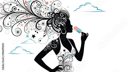 Artistic silhouette of a woman with ornate hair eating a popsicle on a summer day with clouds and stars in the background.