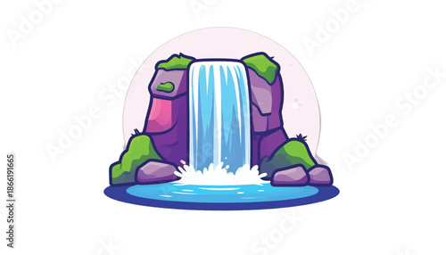 Cartoon Waterfall Scene with Rocks and Lush Greenery.